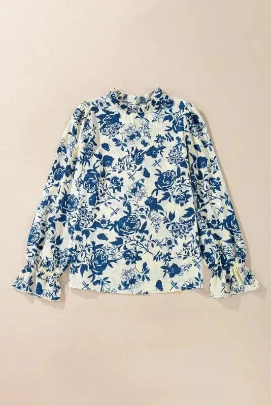 Blouses Blue Flora Flounce Blouse
