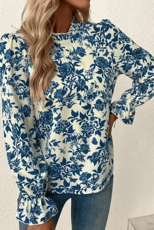Blouses Blue Flora Flounce Blouse