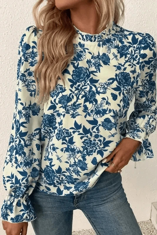 Blouses Blue Flora Flounce Blouse