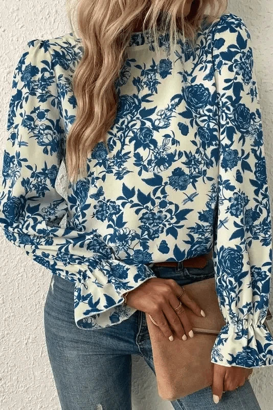 Blouses Blue Flora Flounce Blouse