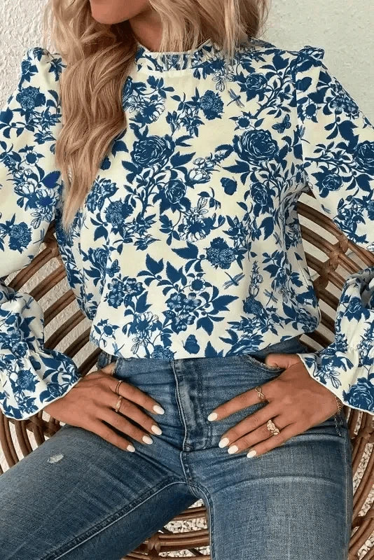 Blouses Blue Flora Flounce Blouse