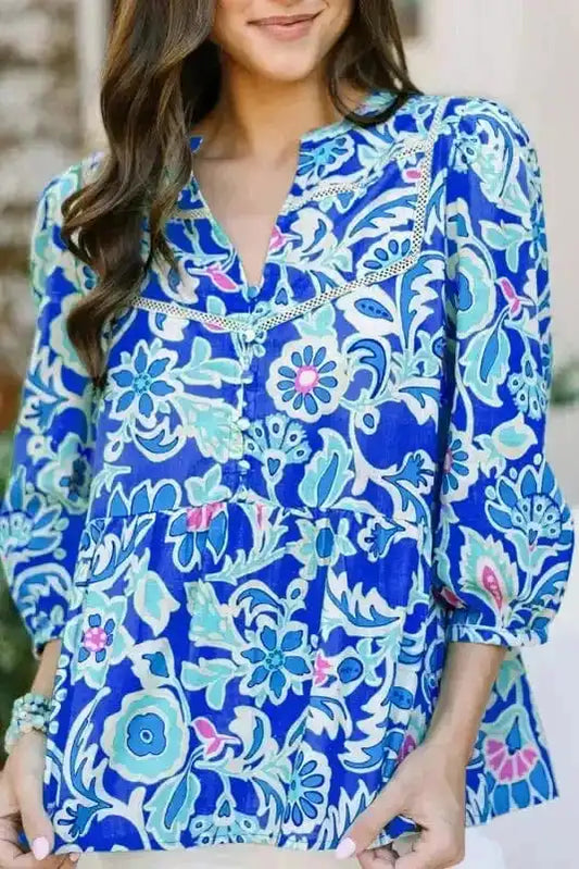 Blouses Blue / S / 100%Polyester Lace & Petals Bracelet Sleeve Blouse