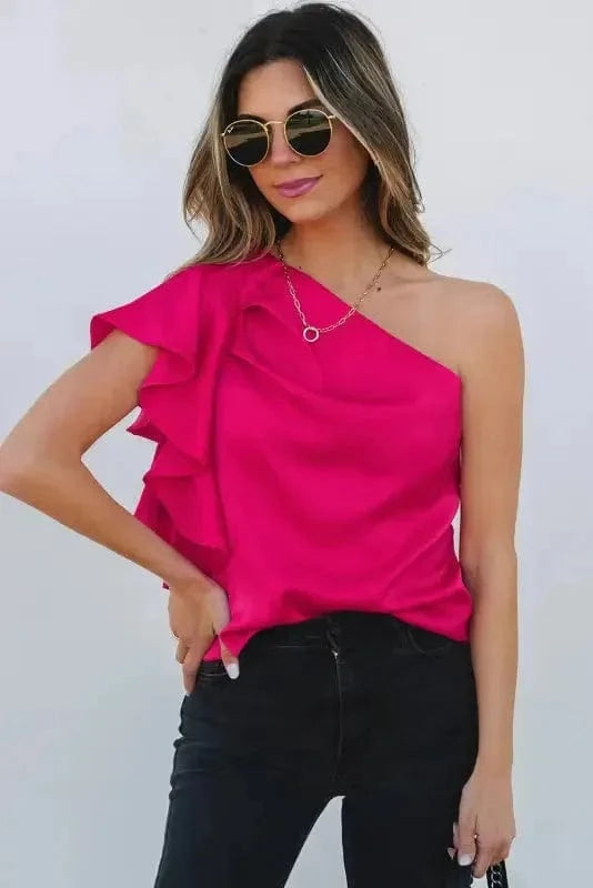 Blouses Blushing Elegance Asymmetric Satin Blouse