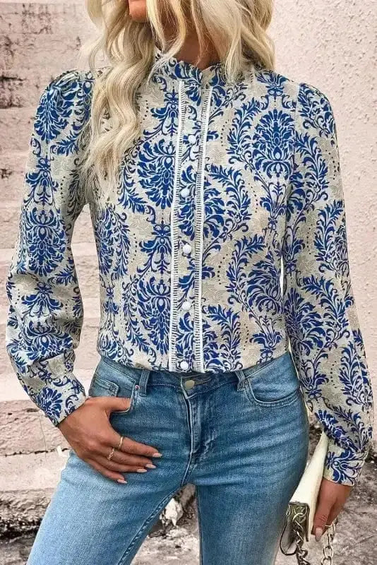 Close-up of Blue Boho Lace Splicing Floral Blouse showing lace panel splicing and vibrant floral geometric print detail — Fashionfitz