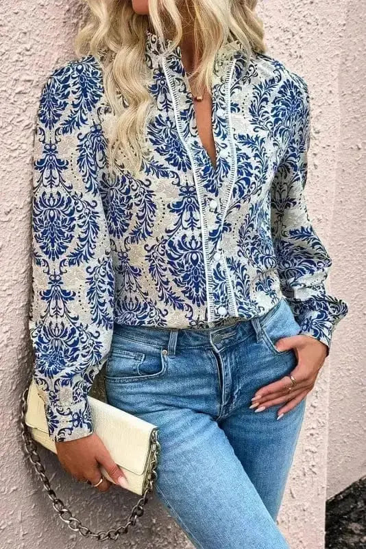 Side view of Blue Boho Lace Floral Blouse showing lace panel integration and shirred bodice detail — Fashionfitz