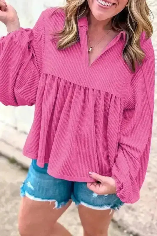 Bright pink feminine silhouette corded blouse front view — Fashionfitz UK
