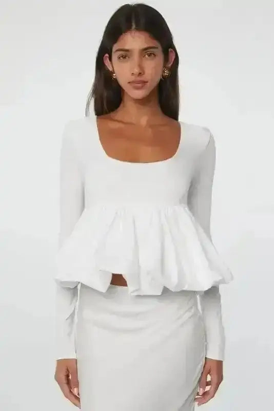 White Bubble Hem U-Neck Long Sleeve Crop Top Women UK styled as a sophisticated autumn elegant outfit — Fashionfitz
