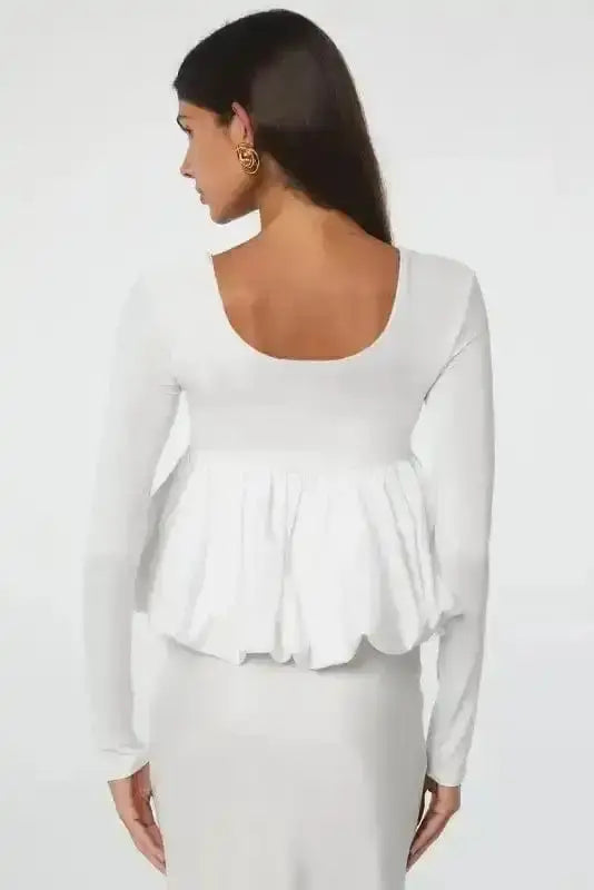 Back view of Bubble Hem U-Neck Long Sleeve Crop Top showing long sleeve and cropped viscose-elastane silhouette — Fashionfitz