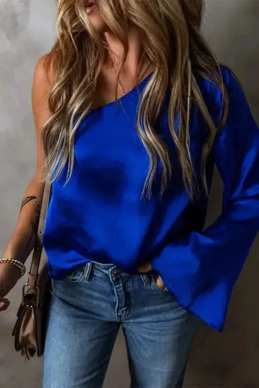 Blouses Dark Blue / S / 95%Polyester+5%Elastane Asymmetric Satin Blouse