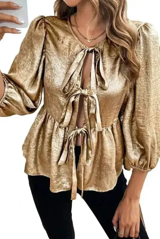 Blouses Elegant Gold Bow Tie Puff Sleeve Ruffle Blouse