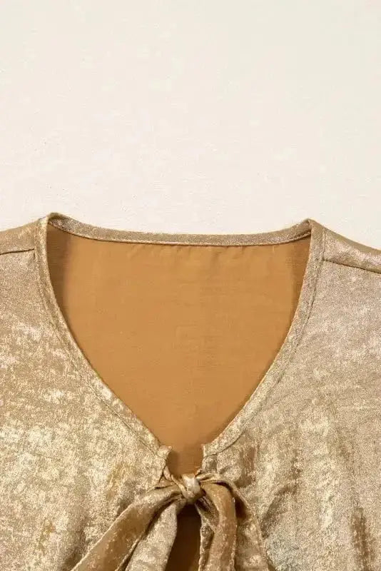 Blouses Elegant Gold Bow Tie Puff Sleeve Ruffle Blouse