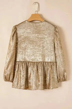 Blouses Elegant Gold Bow Tie Puff Sleeve Ruffle Blouse