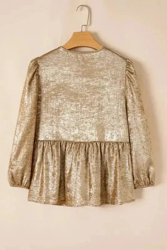 Blouses Elegant Gold Bow Tie Puff Sleeve Ruffle Blouse