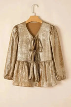 Blouses Elegant Gold Bow Tie Puff Sleeve Ruffle Blouse