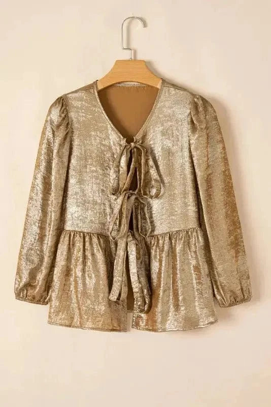 Blouses Elegant Gold Bow Tie Puff Sleeve Ruffle Blouse