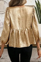 Blouses Elegant Gold Bow Tie Puff Sleeve Ruffle Blouse
