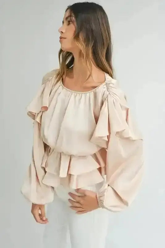 Oatmeal Elegant Ruffled Peplum Keyhole Back Blouse Women UK styled as a feminine smart-casual occasion outfit — Fashionfitz