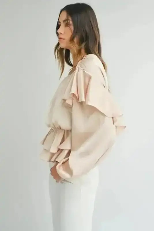 Side view of Elegant Ruffled Peplum Keyhole Blouse showing peplum flare and 90% polyester-elastane stretch fit — Fashionfitz