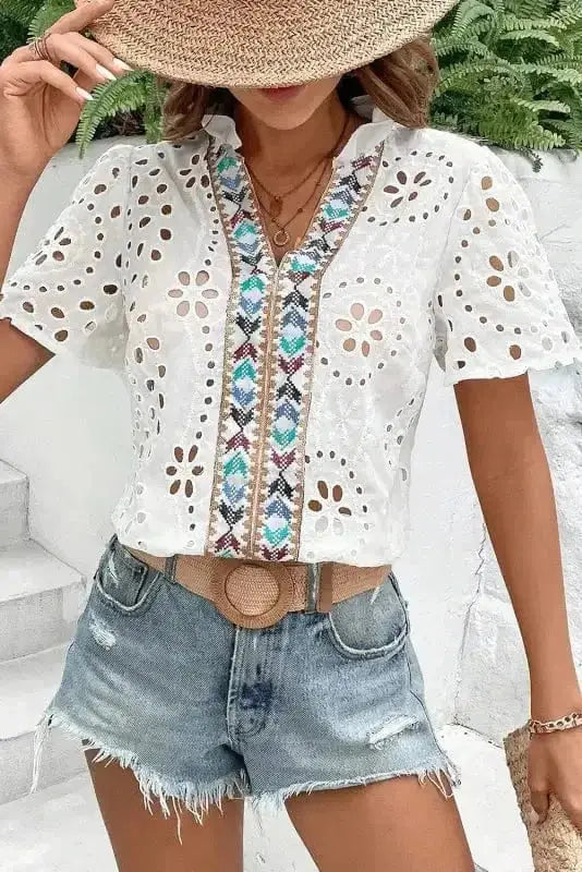 Close-up of Aztec Embroidered Peekaboo Blouse showing intricate geometric Aztec embroidery and peekaboo cutout opening — Fashionfitz
