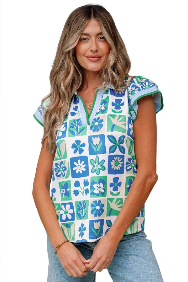 Green floral geometric flutter blouse with collar and contrast trim front view — Fashionfitz UK
