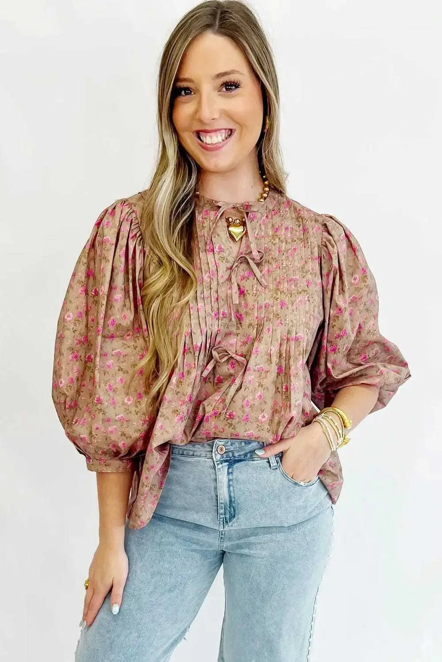 Side view of Floral Half Sleeve Boho Casual Blouse showing comfortable relaxed fit and three-quarter sleeve length — Fashionfitz