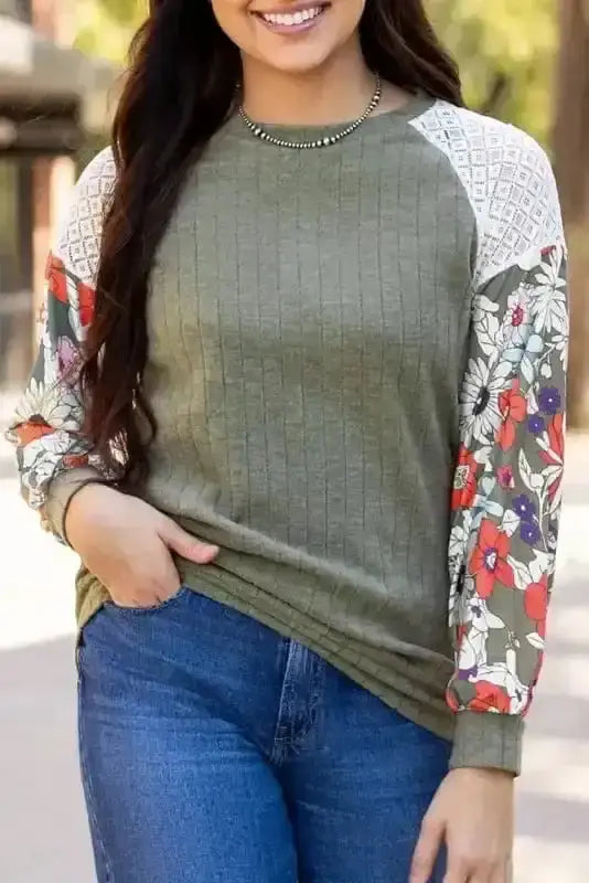 Blouses Floral Mosaic Ribbed Blouse