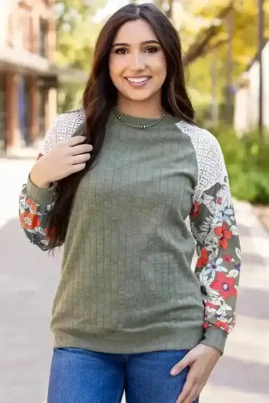 Blouses Floral Mosaic Ribbed Blouse
