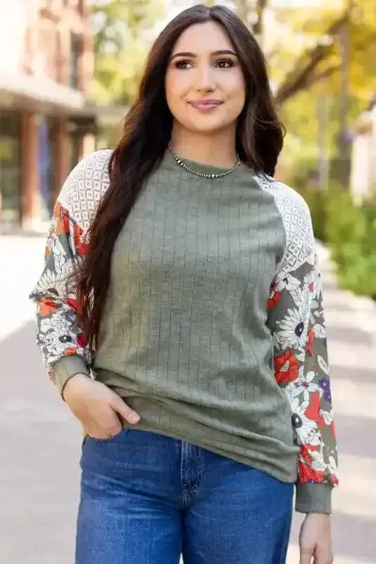 Blouses Floral Mosaic Ribbed Blouse