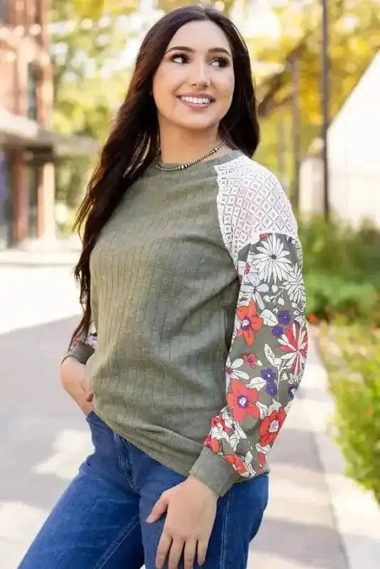 Blouses Floral Mosaic Ribbed Blouse