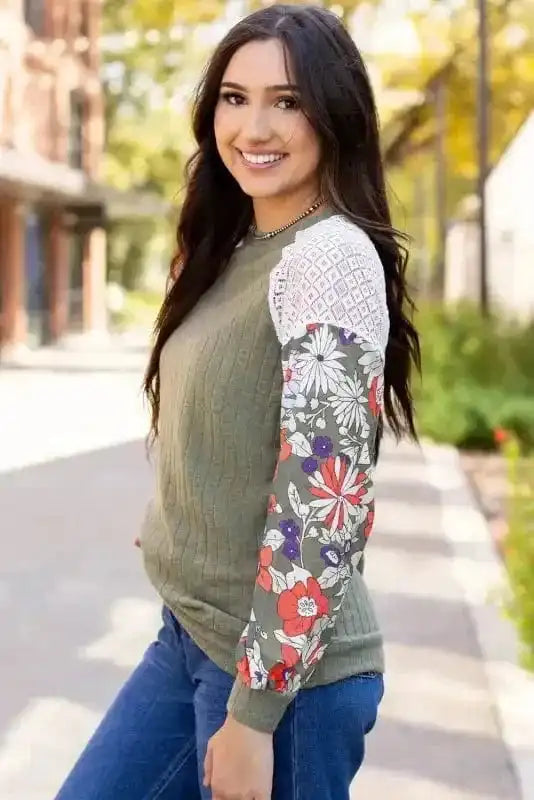 Blouses Floral Mosaic Ribbed Blouse