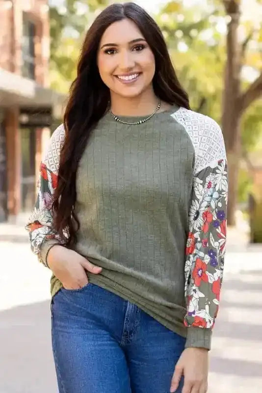 Blouses Floral Mosaic Ribbed Blouse