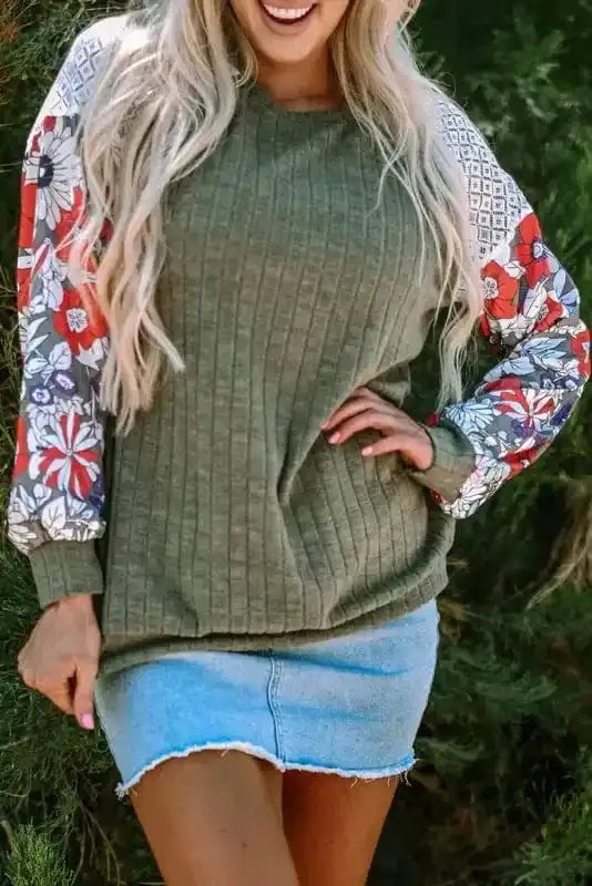 Blouses Floral Mosaic Ribbed Blouse