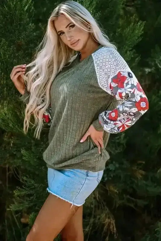 Blouses Floral Mosaic Ribbed Blouse