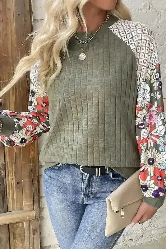 Laurel green Floral Colour Block Ribbed Blouse Women UK styled as a sophisticated autumn outfit — Fashionfitz