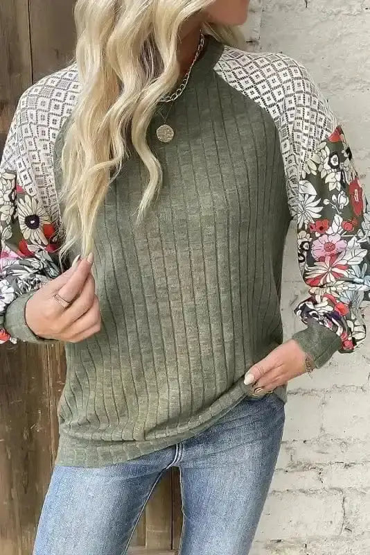 Close-up of Floral Colour Block Ribbed Blouse showing mosaic floral arrangement on ribbed polyester-elastane fabric — Fashionfitz