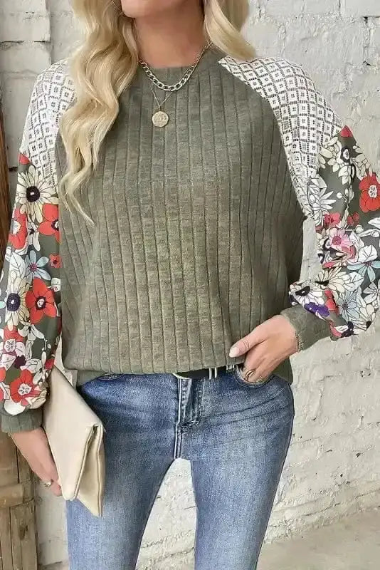 Side view of Floral Mosaic Ribbed Blouse showing ribbed fabric texture and comfortable stretch fit — Fashionfitz