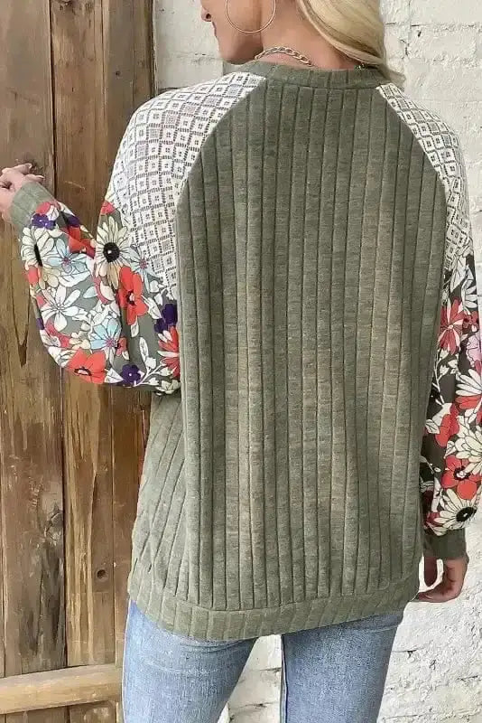 Back view of Floral Colour Block Ribbed Blouse showing boat neckline and long sleeve silhouette — Fashionfitz