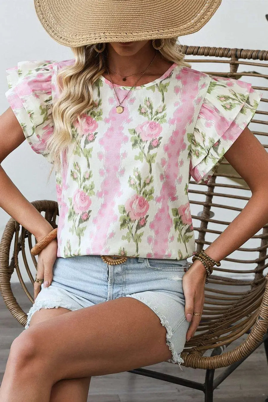 Pink Floral Ruffled Sleeve Summer Top Women UK styled as a sweet feminine casual summer outfit — Fashionfitz