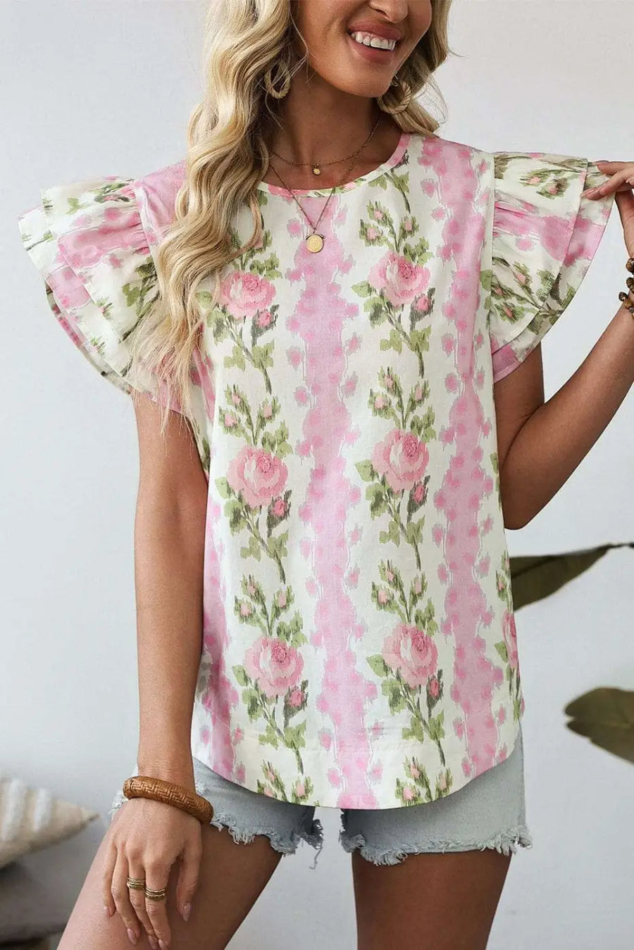 Close-up of Pink Floral Ruffled Sleeve Summer Top showing ruffled sleeve and delicate pink floral on 100% cotton — Fashionfitz