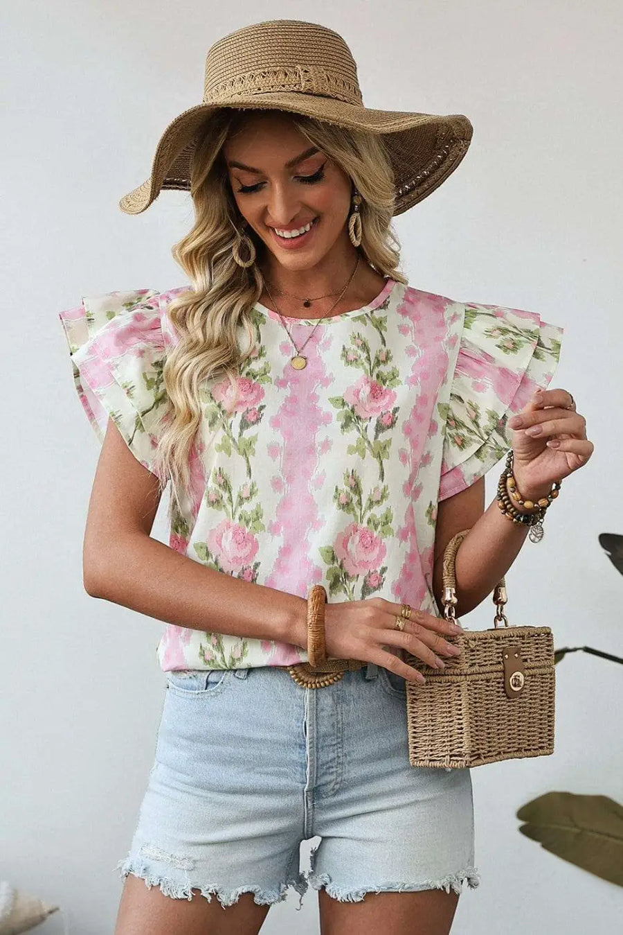 Side view of Pink Floral Ruffled Sleeve Summer Top showing ruffled sleeve detail and breathable cotton fabric — Fashionfitz