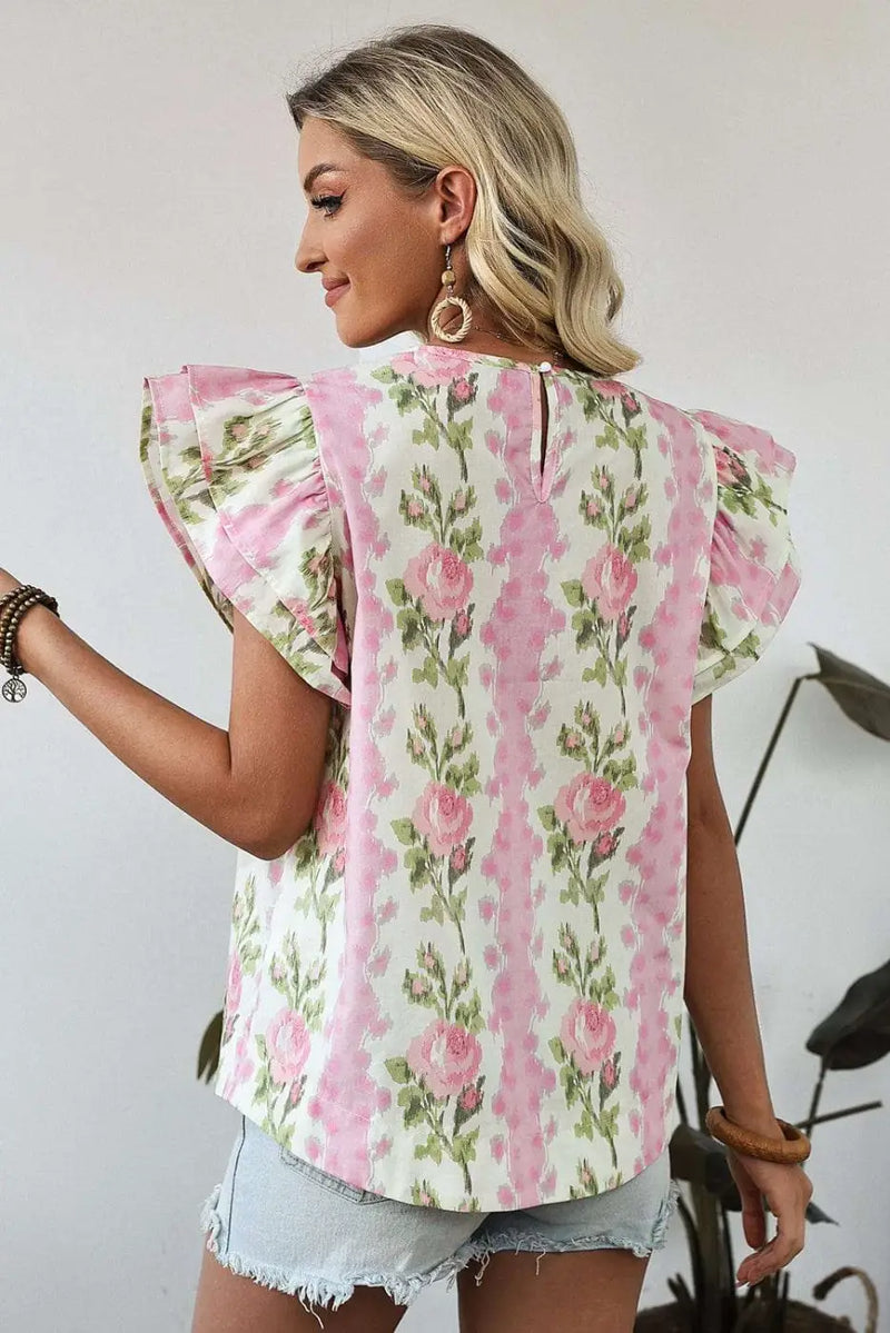 Back view of Pink Floral Ruffled Sleeve Summer Top showing cropped silhouette and round neckline — Fashionfitz