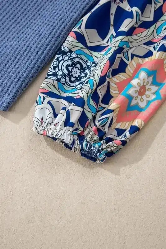 Blouses Floral Sleeve Waffle Knit Blouse