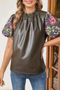 Faux Leather Bubble Sleeve Frilled Collar Blouse Women UK in four-leaf-clover green — front view showing PU leather bubble sleeves and frilled collar — Fashionfitz