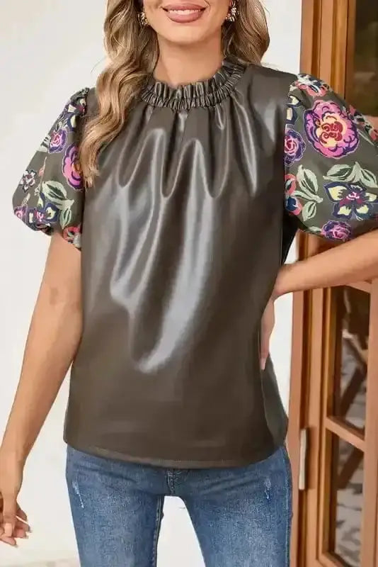 Faux Leather Bubble Sleeve Frilled Collar Blouse Women UK in four-leaf-clover green — front view showing PU leather bubble sleeves and frilled collar — Fashionfitz