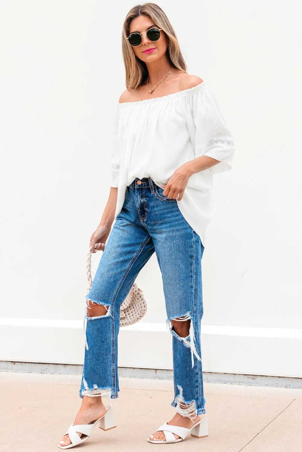 Blouses Frosted Lace Off-Shoulder Top - Feminine Elegance
