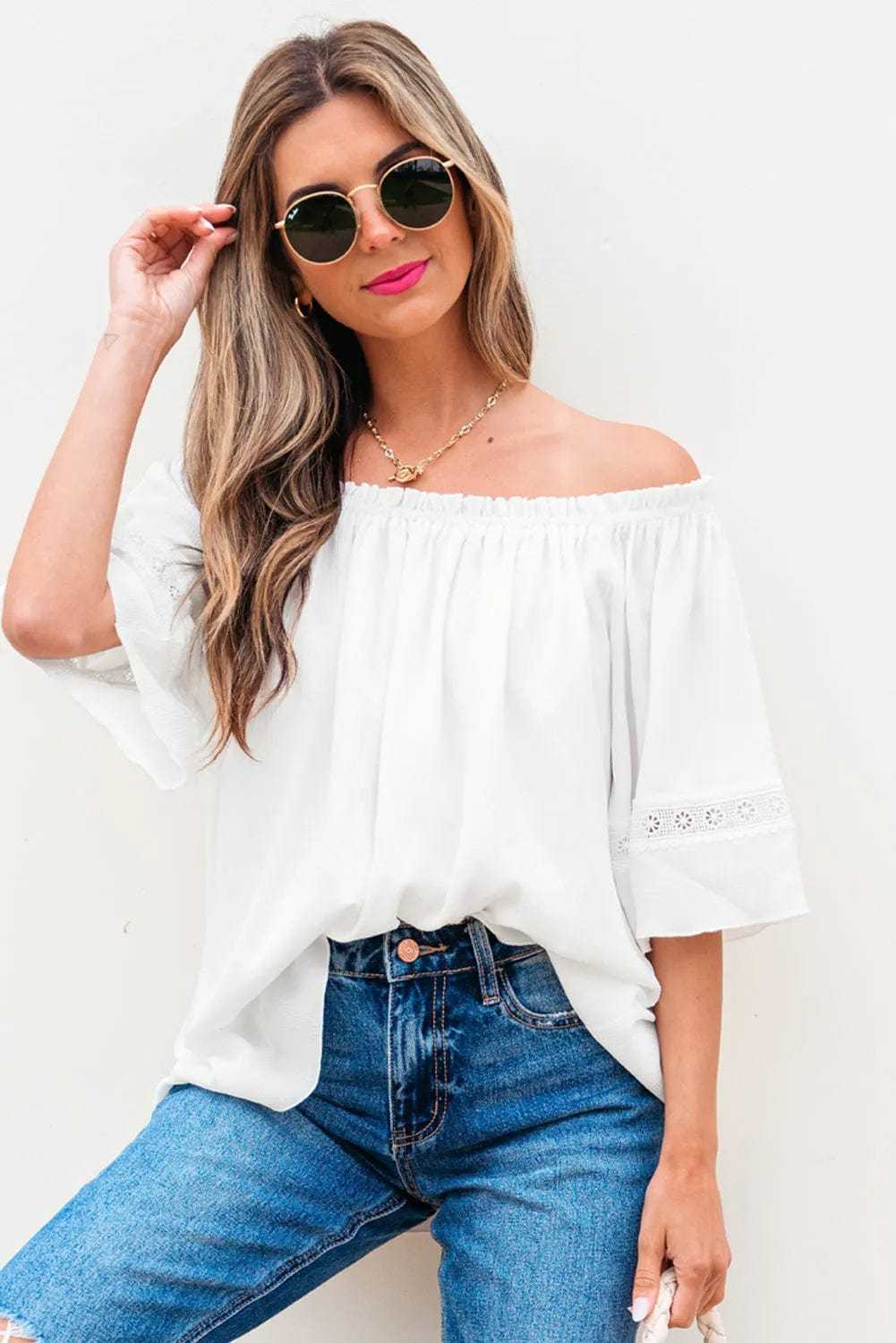 Blouses Frosted Lace Off-Shoulder Top - Feminine Elegance