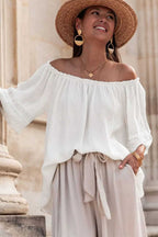Blouses Frosted Lace Off-Shoulder Top - Feminine Elegance
