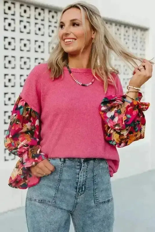 Close-up of Floral Ribbed Top showing vibrant floral patchwork pattern on fine ribbed knit fabric — Fashionfitz