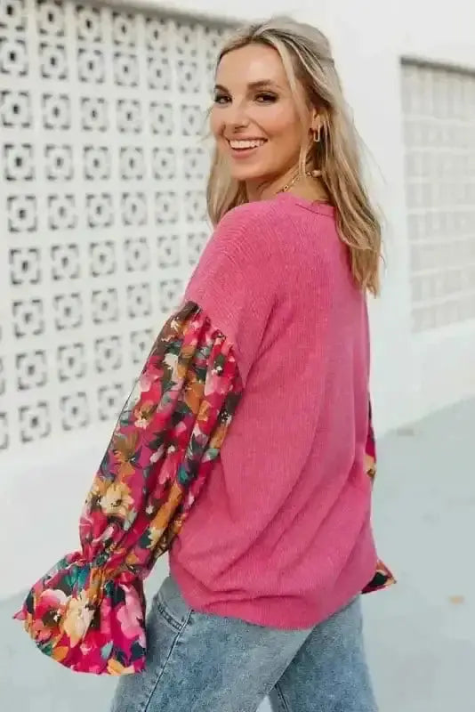 Side view of Floral Ribbed Top showing ruffled sleeve detail and fine ribbed fabric drape — Fashionfitz