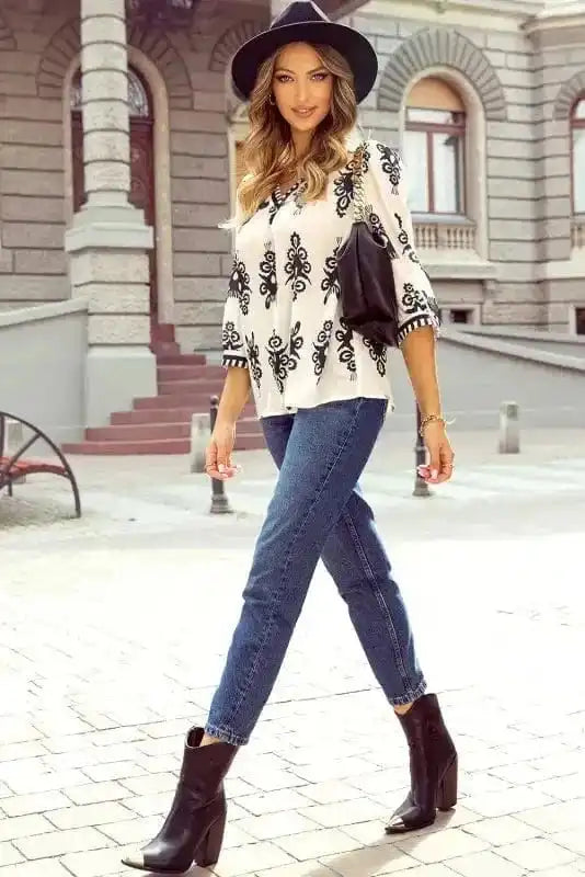 Blouses Geometric Glamour Quarter-Sleeve Top